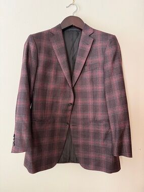Pal Zileri Men's Burgundy and Gray Plaid Sport Coat - Classic Two-Button Blazer